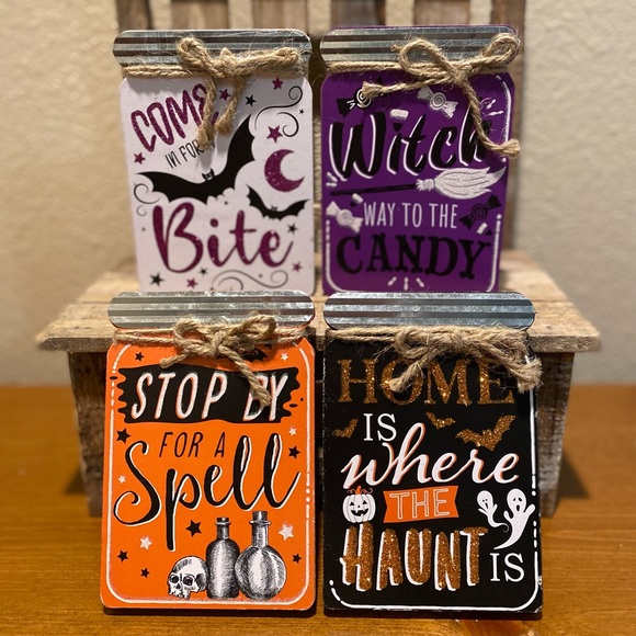 Halloween Decor For Tier Trays, Halloween Mason Jar Shaped Wood Signs Set Of 4 - Picture 1 of 16